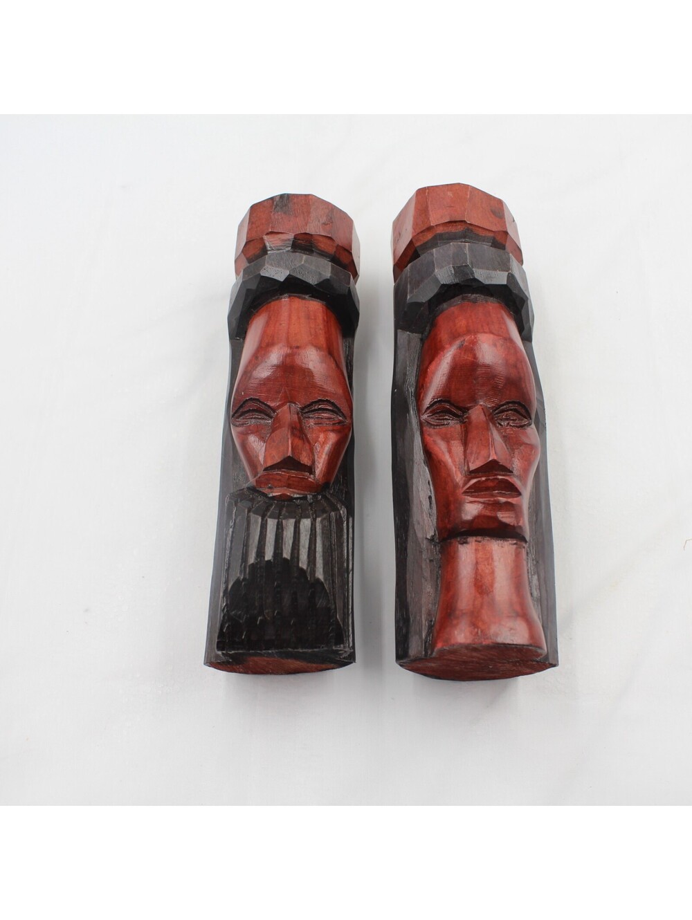 Vintage Jamaican Hand Carved Wooden Bust Statues Pair Man Woman Folk Art Totem 8